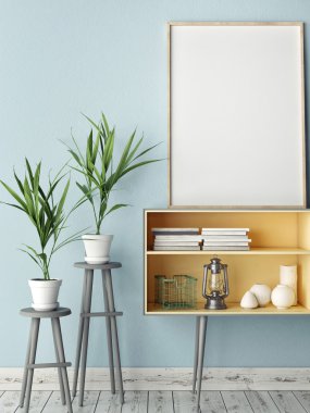 Boş modern tarzı çerçeve, mavi duvar arka plan