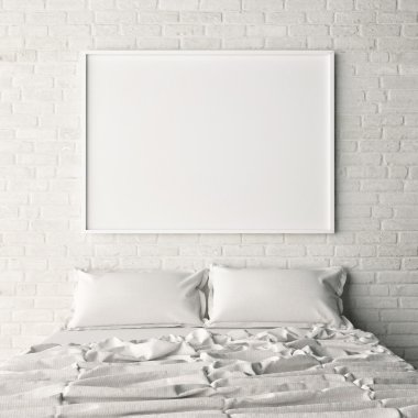 Beyaz tuğla yatak odası duvarı boş poster