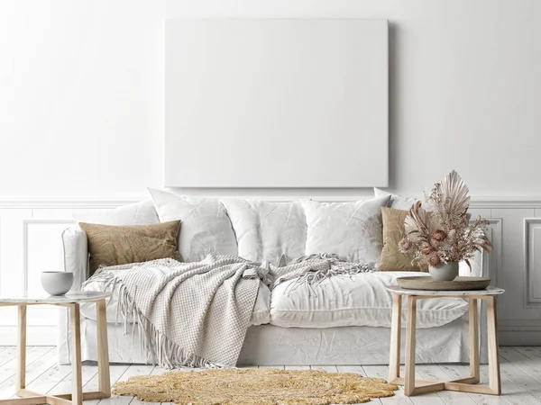 Mockup Poster Frame Wall White Sofa Scandinavian Livingroom Rendering Illustration — Stock Photo, Image