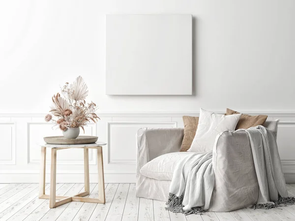 Mockup Poster Quadratischen Rahmen Der Wand Wohnzimmer Interieur Mit Sessel — Stockfoto