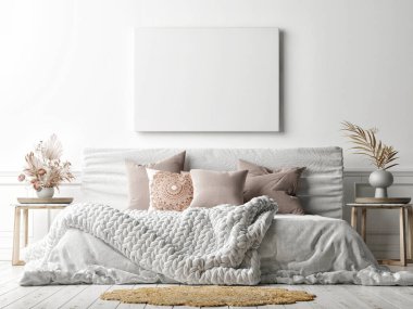 Beyaz duvarda, rahat bir yatağı, beyaz arkaplanı, 3 boyutlu çizimi, 3 boyutlu illüstrasyonu olan bir poster.