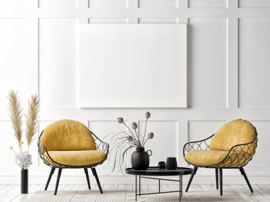 Oturma odasında maket poster, İskandinav tarzı dekorasyon, 3D resim, 3D resim