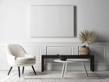 Oturma odasında maket posteri, İskandinav ortamı, 3D resim, 3D resim