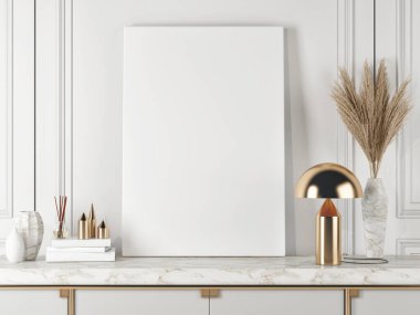 İskandinav iç tasarımı oturma odasının model poster çerçevesi, mobilya ve ev dekorasyonu, 3D çizim, 3D çizim