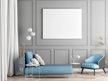 Gri dekoratif duvardaki oturma odasındaki poster. İskandinav tasarımı. 3d görüntüleme, 3d illüstrasyon