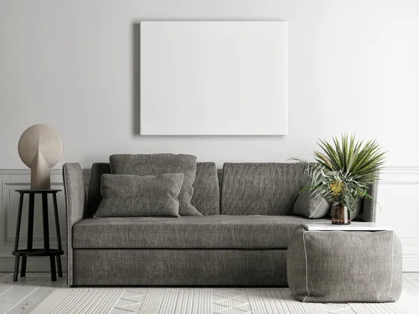 Living Room Mockup Poster Background Wall Grey Comfortable Sofa Armchair — Stock Photo, Image