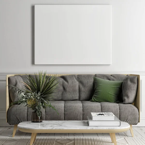 Living Room Mockup Poster Background Wall Grey Comfortable Sofa Armchair — Stock Photo, Image