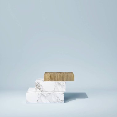 Ürün sunumu için geometrik modelleme sahnesi, mavi arkaplan, 3d görüntüleme, 3d illüstrasyon