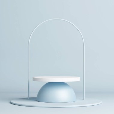 Ürün sunumu için soyut geometrik podyum sahnesi, mavi arkaplan, 3d görüntüleme, 3d illüstrasyon