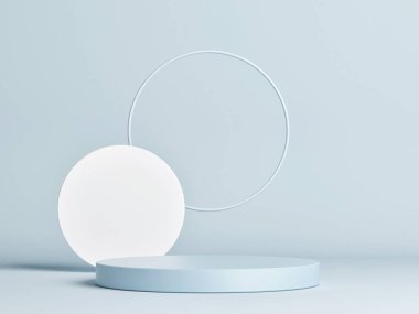 Ürün sunumu için katıksız maket geometrik stüdyo, mavi arka zemin, 3D görüntü, 3D görüntü