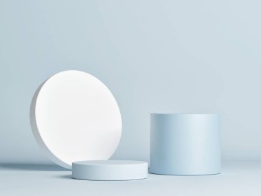 Ürün sunumu için katıksız maket geometrik stüdyo, mavi arka zemin, 3D görüntü, 3D görüntü