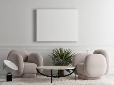 Boş çerçeveli, 3D resimli, 3D resimli bir oturma odası.