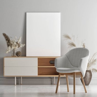 Ahşap çekmeceye boş poster, dekorasyonlu en az kompozisyon, 3 boyutlu çizim, 3 boyutlu resim