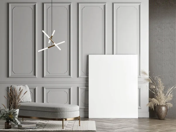Mockup poster, living room design with gray background wall, 3d render, 3d illustration.