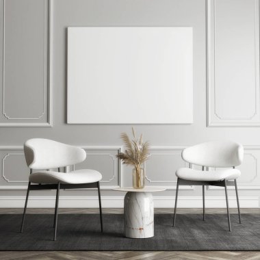 Oturma odası tasarımında beyaz boş poster, 3D resim, 3D resim.