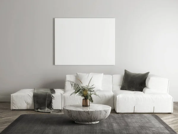 White Empty Poster Living Room Design Render Illustration — Stock Photo, Image