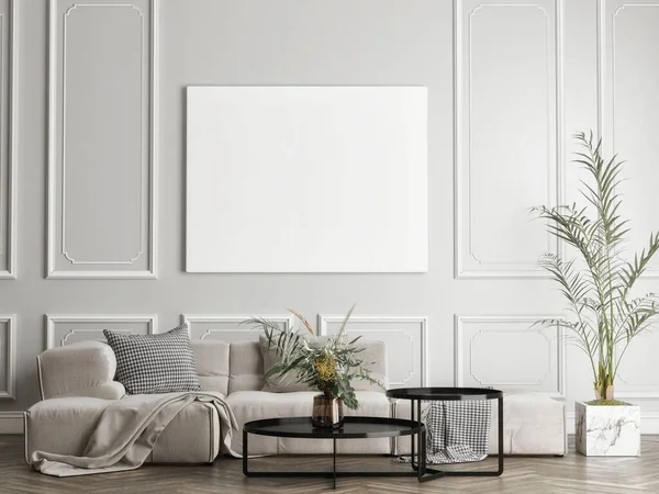 White empty poster in living room design, 3d render, 3d illustration