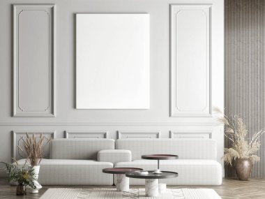 Empty white canvas on the gray wall, living room concept with home decoration, 3d render, 3d illustration.