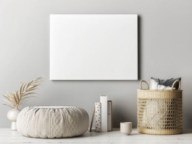 Gri duvarda boş poster, ev dekorasyonu, 3 boyutlu resim, 3 boyutlu resim.