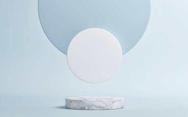 Mockup podyum, ürün sunumu için geometrik soyut kompozisyon, mavi arkaplan, 3d görüntüleme, 3d illüstrasyon