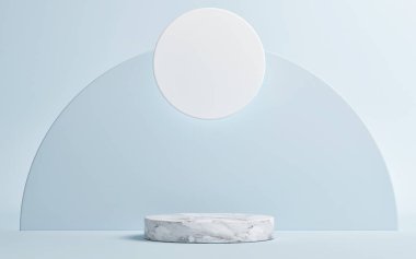 Mockup podyum, ürün sunumu için geometrik soyut kompozisyon, mavi arkaplan, 3d görüntüleme, 3d illüstrasyon