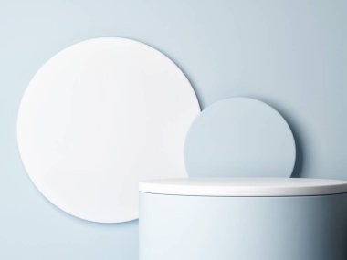 Ürün sunumu için podyum, soyut geometrik bileşim, mavi arkaplan,