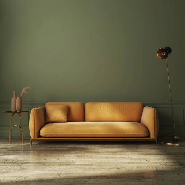 现代深绿色家居装饰 黄色沙发 家居装饰 — 图库照片