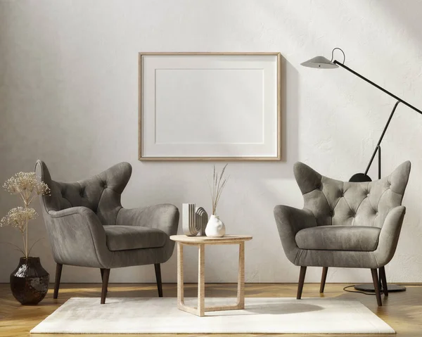 Mockup poster with two gray armchairs, home decoration in the living room.