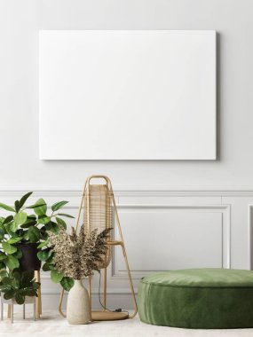 Çerçeveyi ev içi arka planda modelle, küçük dekorasyonlu gri oda