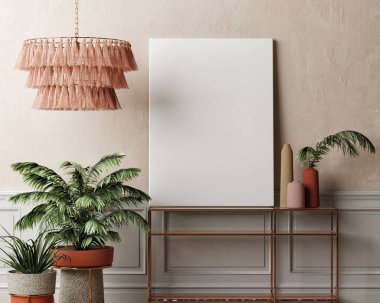 Oturma odası tarzı, avuç içi ve ev dekorasyonunda Mock Up posteri, 3 boyutlu resim