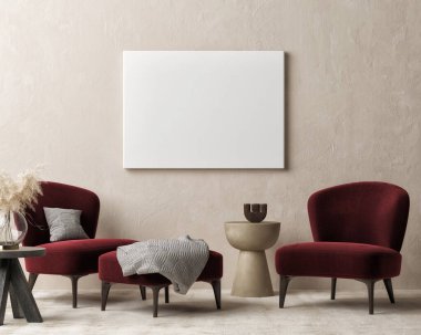 Sunum için boş posteri olan modern iç tasarım. Ev dekorasyonlu oturma odası. 3d illüstrasyon.