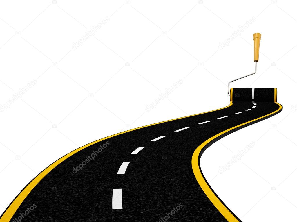 Roller Brush Painting Winding Road Isolated on White Background