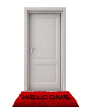 welcome mat beyaz zemin üzerine izole kapalı kapı