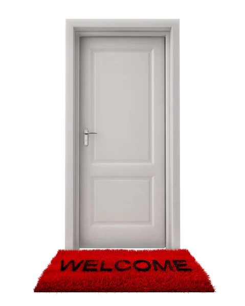 Κλειστή πόρτα με το ευπρόσδεκτο χαλί που απομονώνονται σε λευκό φόντο — Φωτογραφία Αρχείου