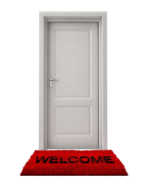 Welcome mat beyaz zemin üzerine izole kapalı kapı — Stok fotoğraf