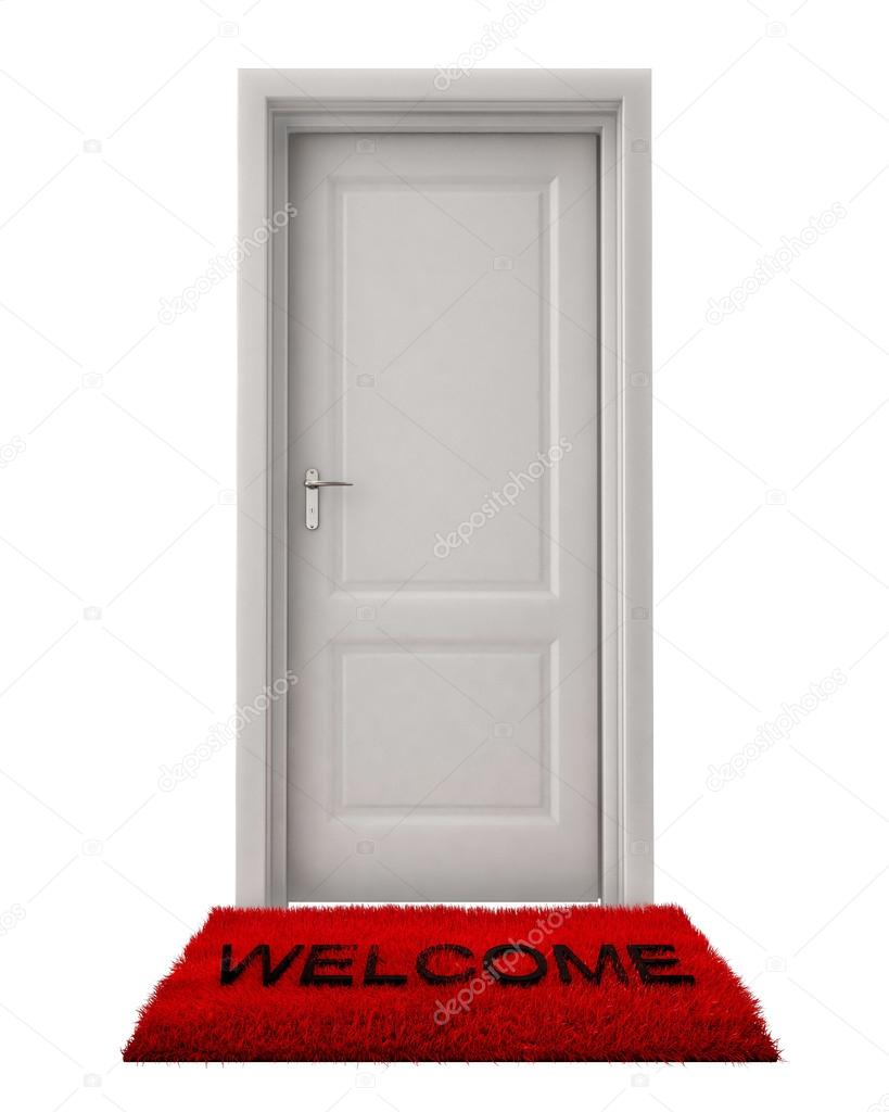 Closed Door with Welcome Mat Isolated on White Background