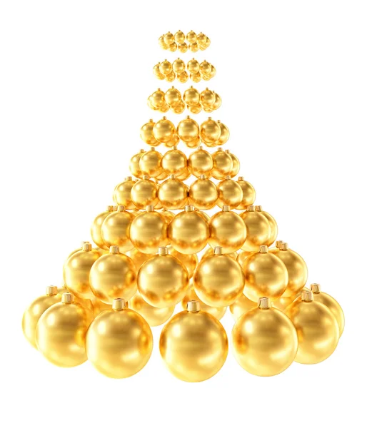 Árvore de Natal feita de esferas douradas brilhantes isoladas no fundo branco — Fotografia de Stock