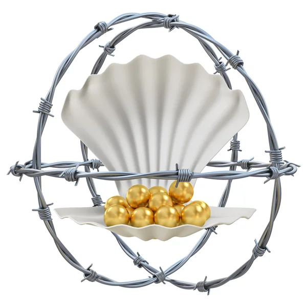 Barbed wires with shell and golden pearls 3d illustration — Stock Photo, Image