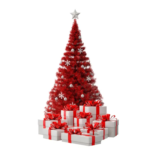 Red Christmas tree with white gifts — Stock Photo, Image