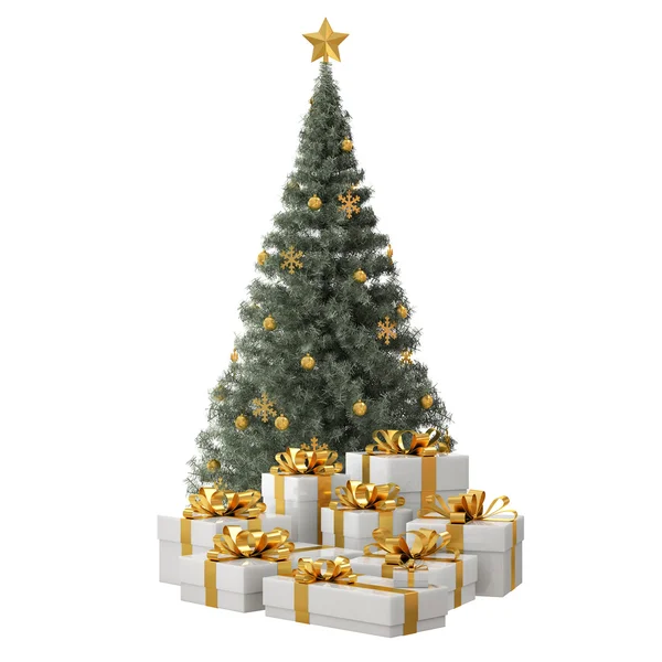 Árbol de Navidad verde con regalos de oro —  Fotos de Stock