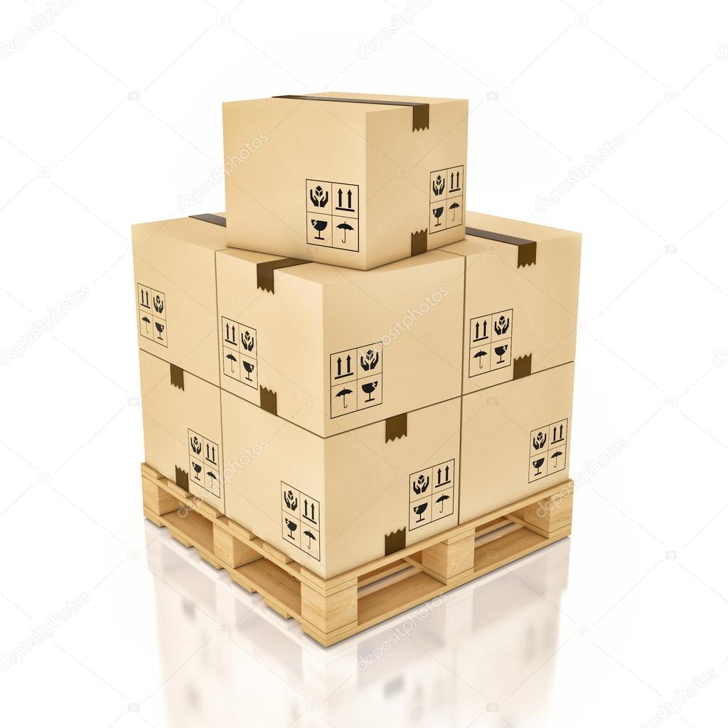 Cardboard boxes on wooden palette , 3d illustration