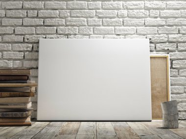 Poster beyaz tuğla duvar, ahşap zemin ve wintge arka plan dalga. Yatay kavramı