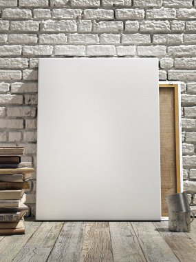 Poster beyaz tuğla duvar, ahşap zemin ve wintge arka plan dalga. Dikey kavramı