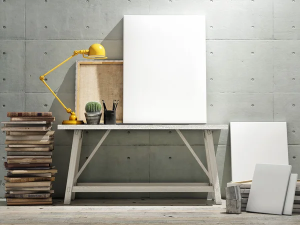 Tablo, ahşap zemin ve beton wintge arka plan poster alay. Dikey kavramı