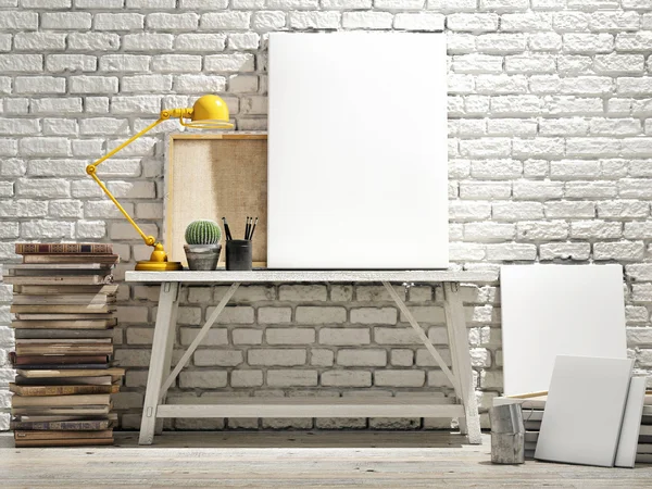 Mock up poster on table, wooden floor and brick wintge background. Vertical concept — Stock Photo, Image