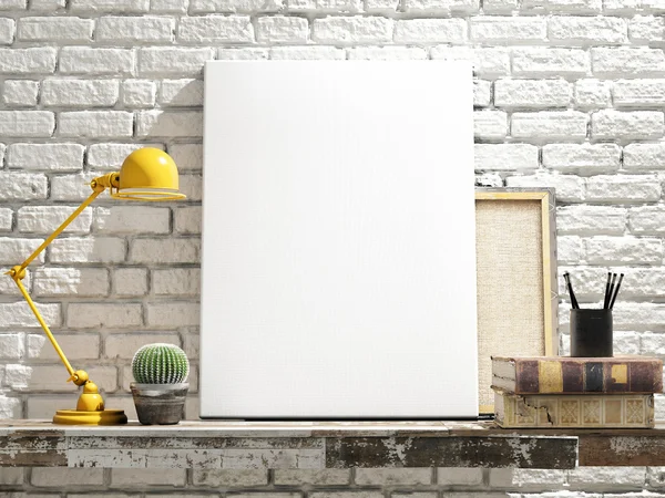 Mock Up Poster on table. White Brick Background — Stock Photo, Image