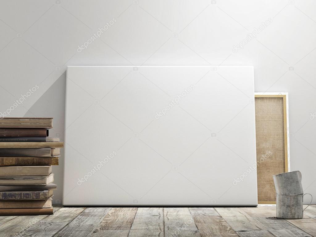 Mock up poster in white wall, wooden floor and wintge background. Horizontal concept