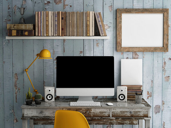 Макет рабочего места, монитор на столе, черный экран
