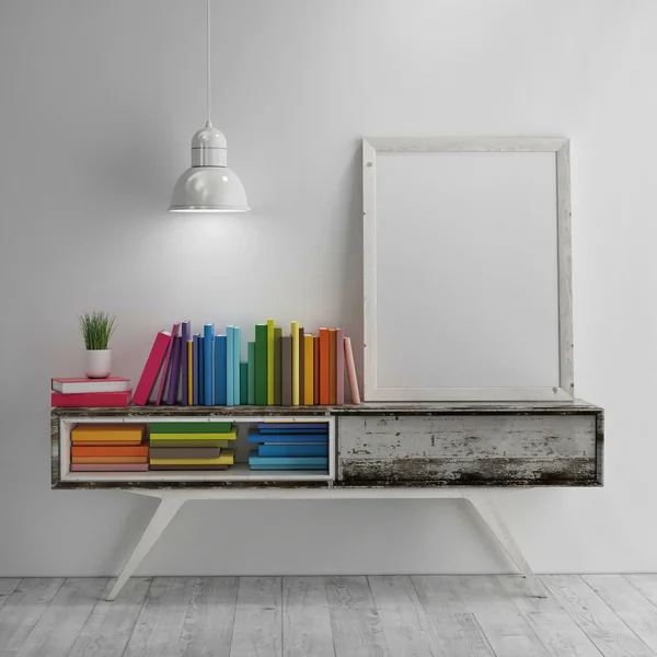 Mock up poster eith gekleurde boeken op tafel op kamer — Stockfoto