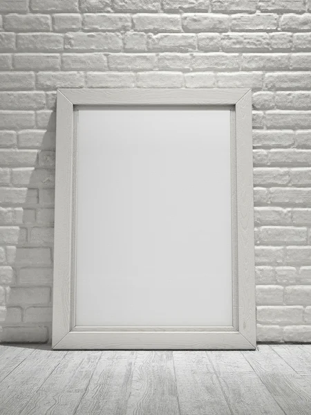 Wooden canvas frame on white brick wall background — Stock Photo, Image